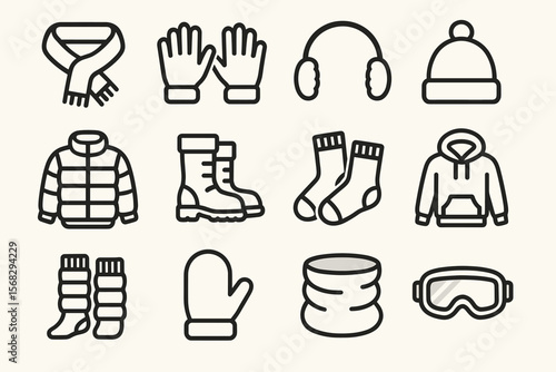 Collection of winter clothing icons including hat, gloves, scarf, boots, and jacket