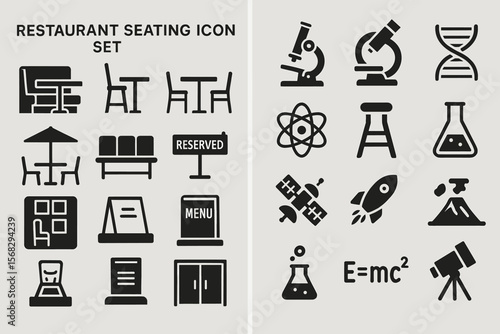 Restaurant and science icon set: seating and scientific symbols