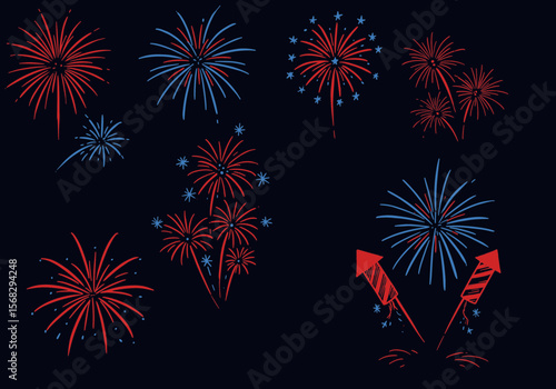 Fireworks Display Vector Set - Red and Blue Explosions on Dark Sky