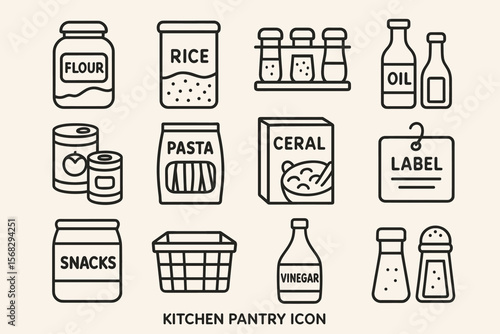 Kitchen pantry icons set with storage containers and food labels