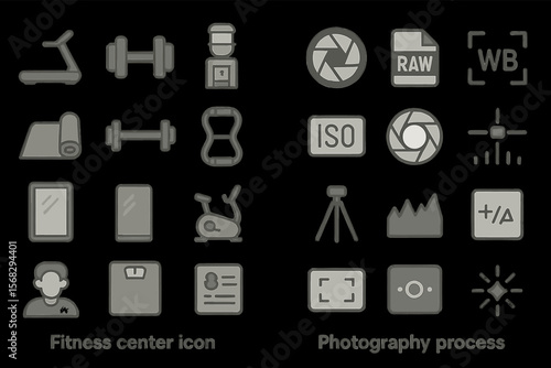 Fitness and photography icons set with equipment and camera symbols