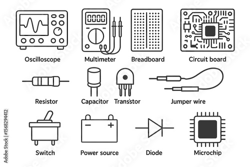 Electronic components set: oscilloscope, multimeter, breadboard, circuit board, resistor, capacitor, transistor, jumper wire