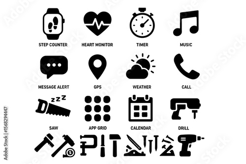 Mobile device features: heart monitor, gps, calendar, saw, drill icons