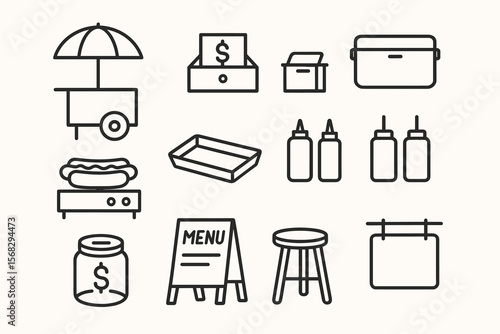 Food stand icons: hot dog, menu, condiments, cash box, umbrella, signage