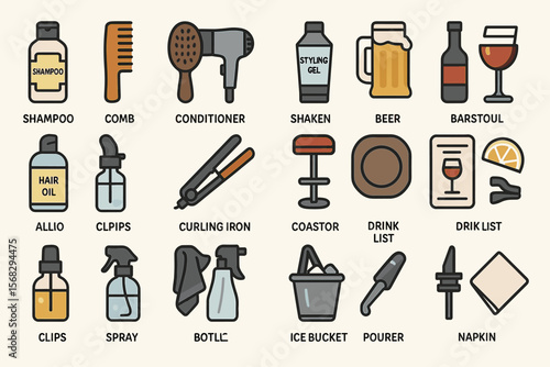 Hair styling and beverage essentials: shampoo, conditioner, beer, wine, and more