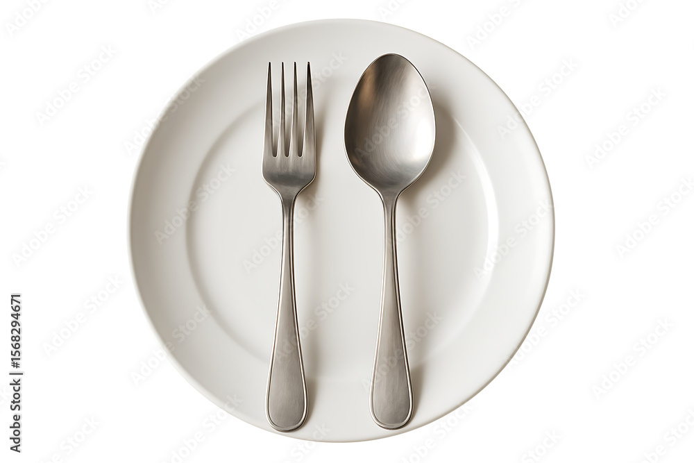 Stainless steel cutlery on ceramic plate top view isolated on transparent background Stainless steel cutlery on ceramic plate top view isolated on transparent background