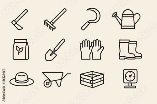 Collection of gardening tools icons including shovel, watering can, and gloves