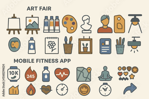 Art fair icons and mobile fitness app illustrations in flat design style