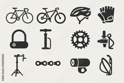 Bicycle icons: helmet, pump, chain, lock, and accessories