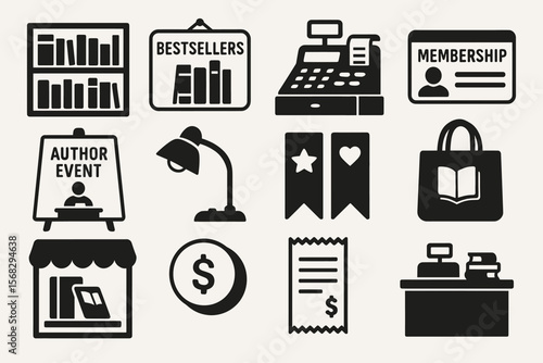 Bookstore icons set: bookshelves, cash register, membership, author event, bookmarks