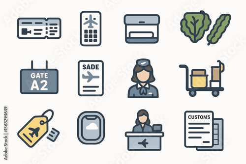 Airport icons: boarding passes, flight attendant, customs, luggage, salad