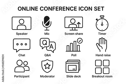 Online conference icon set: speaker, mic, screen share, timer, chat, q&a, poll, hand raise