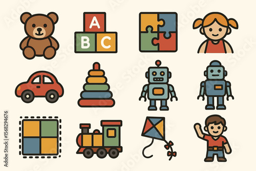 Colorful children's toys: puzzles, blocks, robots, and more