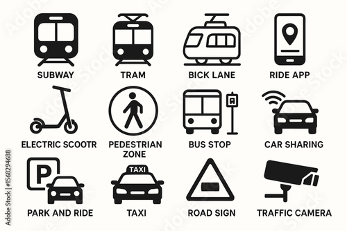 Transportation icons: subway, tram, bike lane, ride app, and more