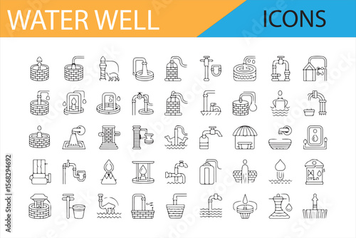 Water Collection and Irrigation System Icon Set in Simple Line Art

