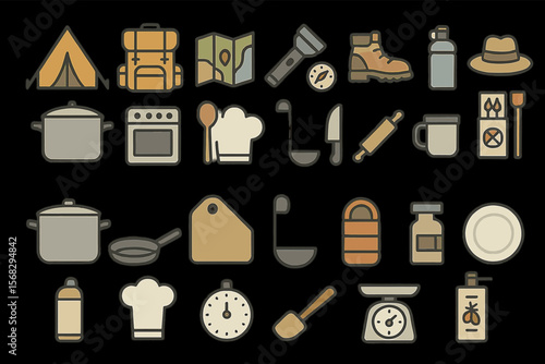 Camping gear icons collection: essential outdoor equipment and cooking tools
