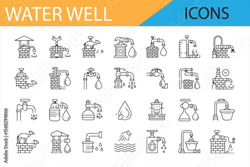 Water Well Icons Collection, Various Pumping and Water Collection Symbols in Black Line Art for Design and Illustration