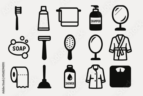 Bathroom essentials icons: mirror, soap, shampoo, towel, scale