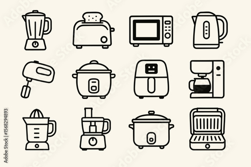 Set of simple kitchen appliance icons: blender, toaster, microwave, kettle, mixer, cooker, air fryer, coffee maker