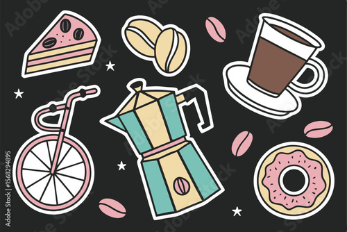 A collection of colorful and whimsical coffee-themed stickers, including a bicycle, coffee maker, espresso cup, pastry, and other related icons, all set against a black background