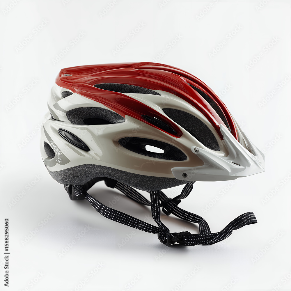 Fototapeta premium Red and White Bicycle Helmet Isolated on White Background