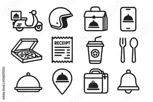 Food delivery icons: scooter, pizza, receipt, mobile app, helmet, utensils