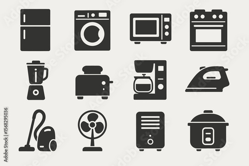 Home appliance icons: kitchen and cleaning essentials set