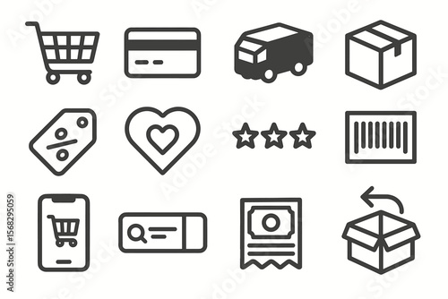 E-commerce icon set featuring shopping, payment, delivery, and ratings symbols