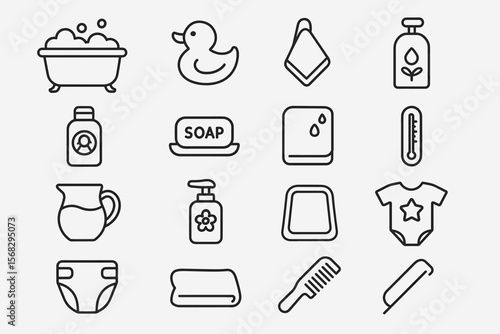 Set of baby bath and care icons: bath, duck, soap, diaper, comb, lotion