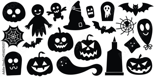 Halloween silhouette bundle with eerie icons like bats, pumpkins, witch hats, and ghosts