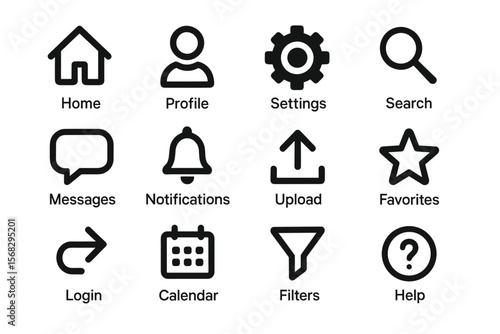 User interface icons overview: home, profile, settings, search, and more