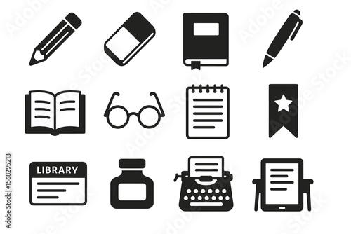 Vector icons of writing and reading tools: pencil, eraser, notebook, pen, book, glasses