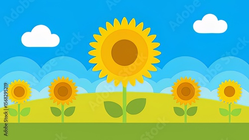 Cartoon Sunflower Field with Blue Sky