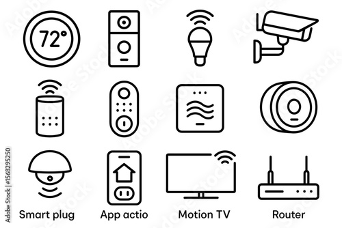 Icons of smart home devices: thermostat, doorbell, bulb, camera, speaker, remote, sensor, plug, tv, router