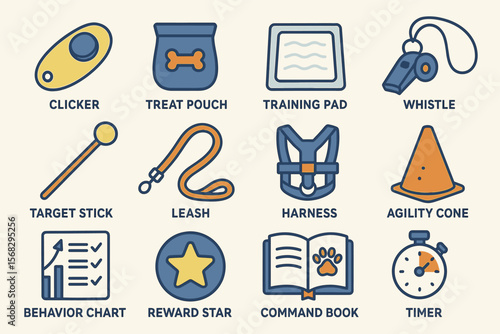 Dog training tools: clicker, treat pouch, leash, harness, and more