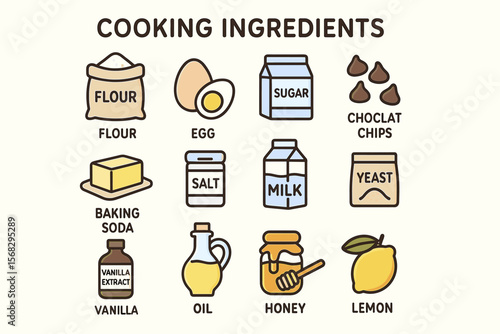 Illustrated cooking ingredients: flour, egg, sugar, baking essentials