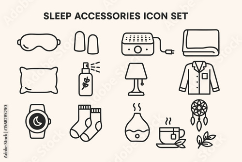 Sleep accessories icon set: pillow, lamp, pajamas, dreamcatcher, humidifier