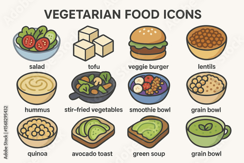 Vegetarian food icons: salad, tofu, veggie burger, hummus, avocado toast