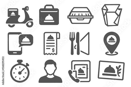Food delivery icons: scooter, bag, container, fork, stop watch, user