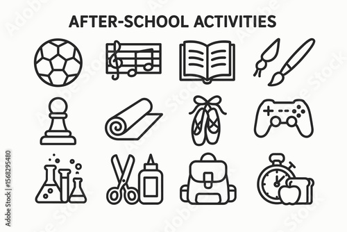 After-school activities icons: sports, arts, learning, crafts, science for kids