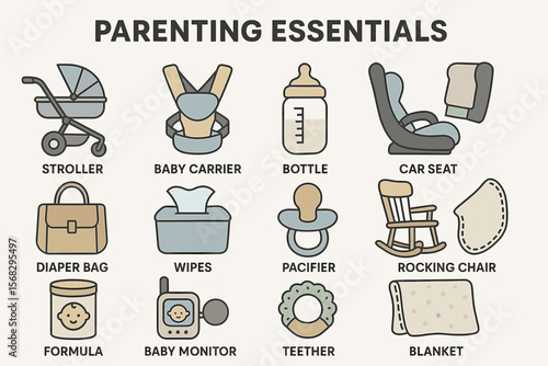 Parenting essentials: stroller, baby carrier, bottle, diaper bag, pacifier, and more