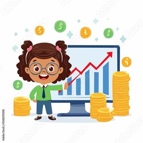 A child in formal attire confidently presents a rising stock chart on a digital screen, representing future business skills, leadership, and data-driven thinking