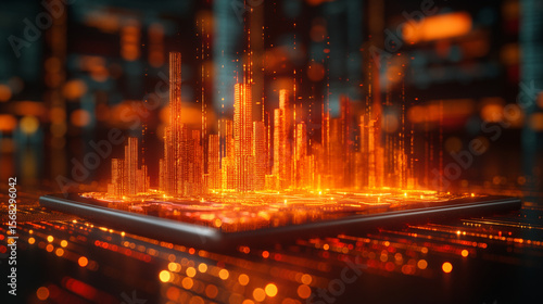 Glowing orange holographic cityscape emerging from tablet. Futuristic technology visualizing smart urban infrastructure. Perfect for innovation and tech branding.