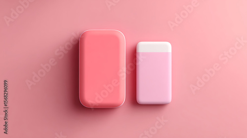 Two pink erasers rest against a rosy background, a clean educational tool used for writing and drawing cleanup.