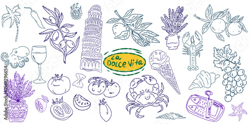 Whimsical hand drawn sketch set inspired by Mediterranean lifestyle. Includes food, drinks, flowers, summer decor and travel elements. Perfect for branding, packaging, prints, and stickers.