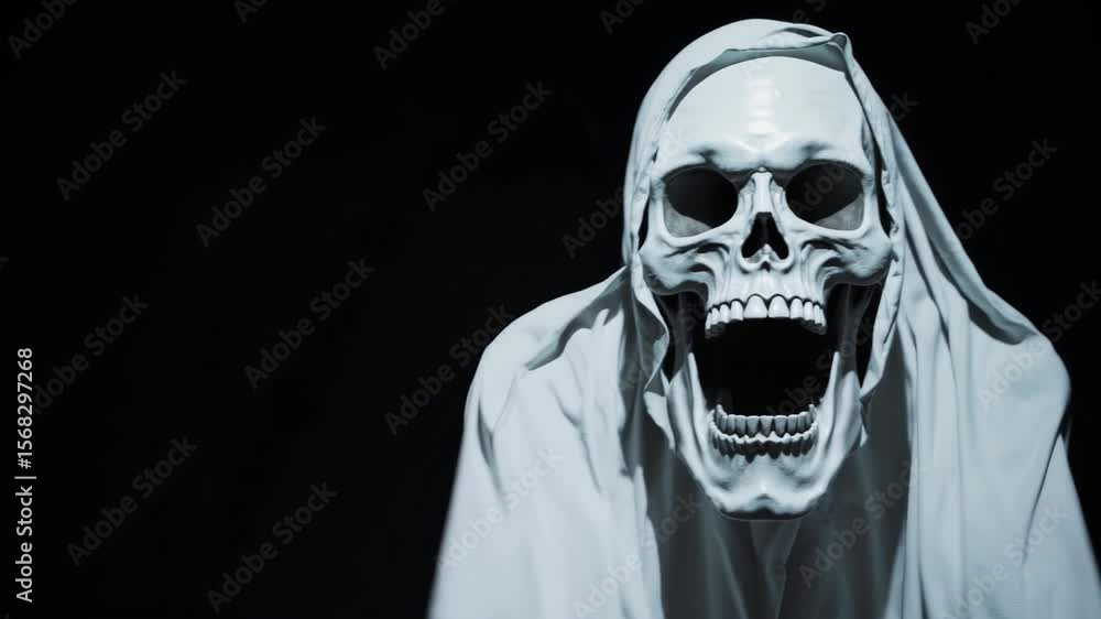 ghost evil skull figure white shroud floating dark background halloween horror spooky spectral apparition scary ethereal entity haunted motion video ghost evil skull figure white shroud floating dark background halloween horror spooky spectral apparition scary ethereal entity haunted motion video
