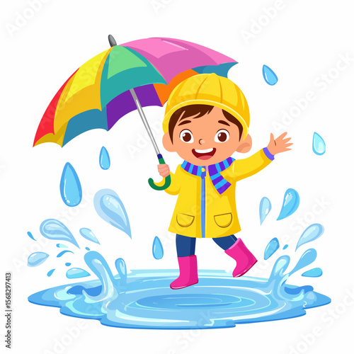 A joyful little boy leaps into a puddle in a bright yellow raincoat and boots, celebrating the fun of rainy days with energy, splash, and playful movement