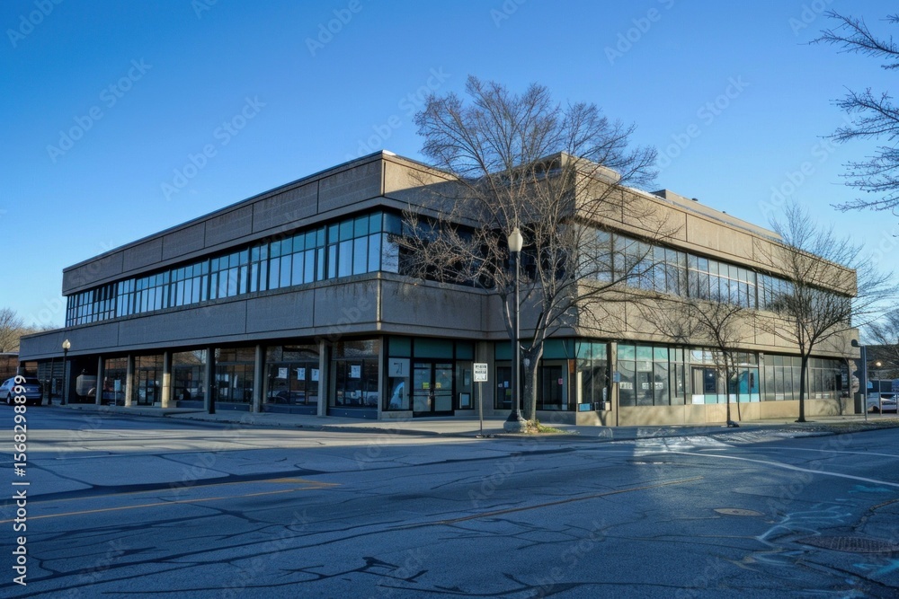 Empty office building stands on the corner of a city block, with bare trees and blue skies in the background Empty office building stands on the corner of a city block, with bare trees and blue skies in the background