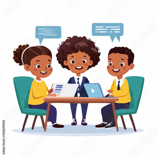 Three kids sit at a table sharing creative ideas�one typing, another drawing�representing teamwork, collaboration, and future-ready group learning in action