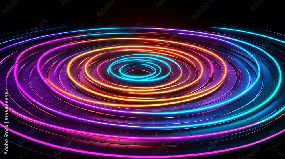 Fototapeta premium Colorful, neon-lit circle with a dark background. The circle is surrounded by a series of bright, colorful lights